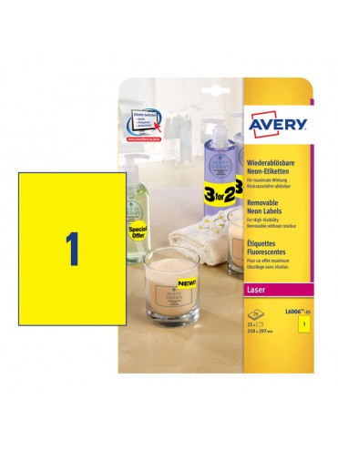 *ΕΤΙΚΕΤΕΣ ΝΕΟΝ ΚΙΤΡΙΝΕΣ LASER 210X297 1 ΦΥΛΛΟ ΠΑΚΕΤΟ 25 ΦΥΛΛΩΝ AVERY